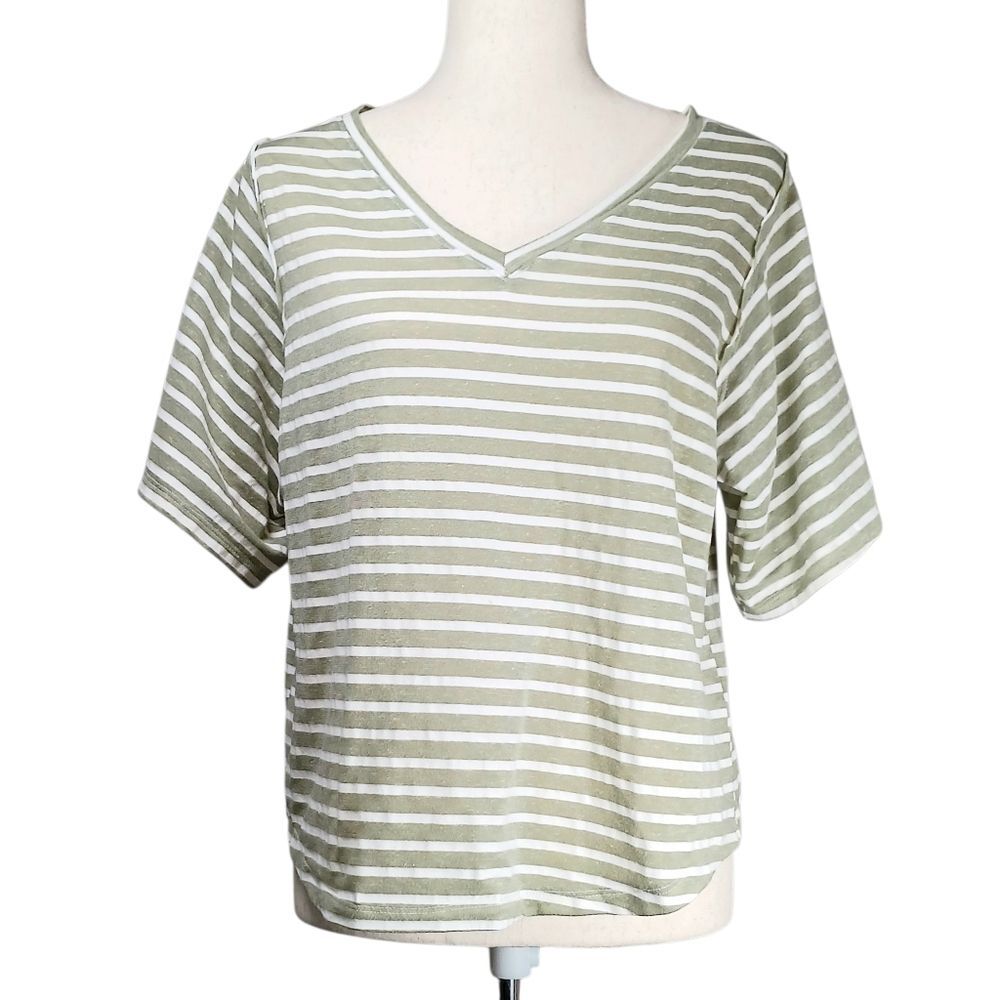 BOUTIQUE Brand V Neck T Shirt Short Sleeves Tee Striped Seams Green White Size S